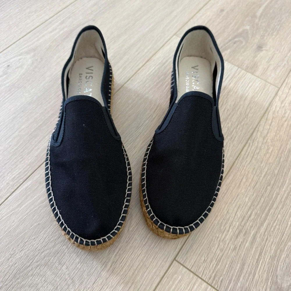 Viscata Barcelona Black‎ Canvas Slip On Espadrille Platform Flats Spain Size 40